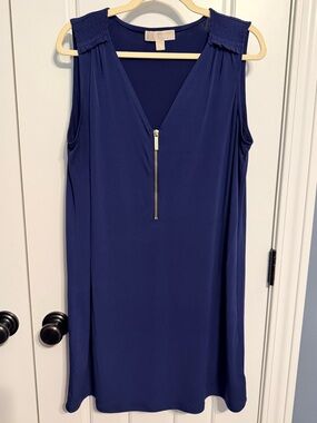 Michael Kors Navy Blue Sleeveless V-Neck Shift Dress with Gold Zip